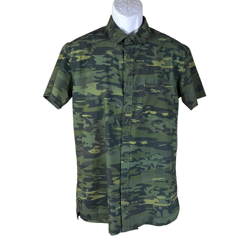 Warrior Button Down Shirt‎ Mens Medium Green Camo Short Sleeve Tactical Stretch